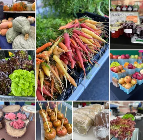A collage of various fresh produce and goods at a market.
