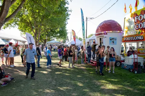 People walk through a bustling outdoor festival area lined with vendor booths.