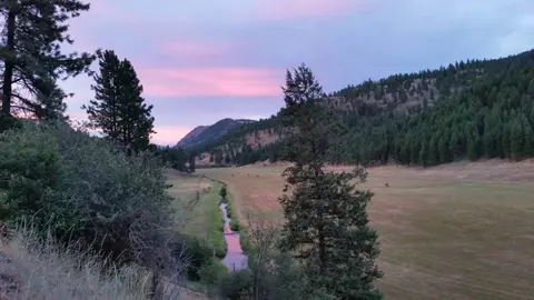 A scenic landscape view of a valley with a small stream, trees, and hills under a pink and blue sunset sky.