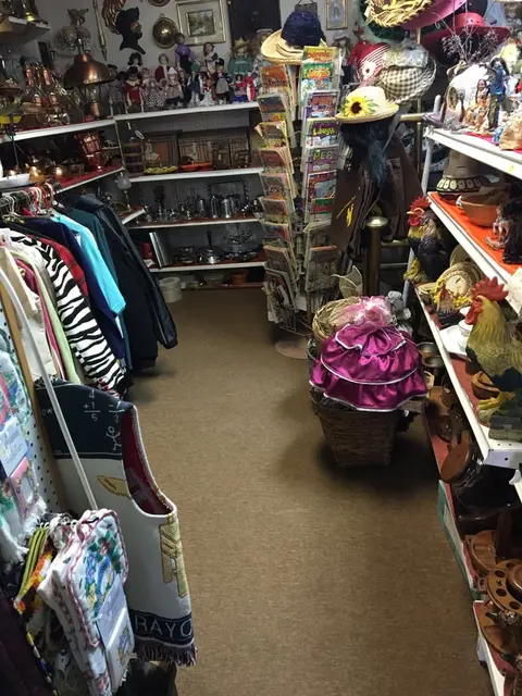 A cluttered interior view of a store filled with various antiques, clothes, and decorative items.