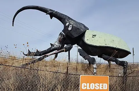 A large sculpture of a beetle stands outdoors behind a wire fence.