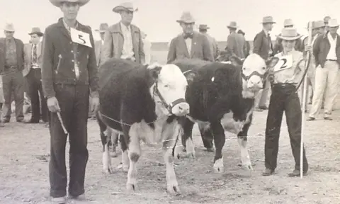 A historic black-and-white photograph shows participants posing with cattle at an exhibition.