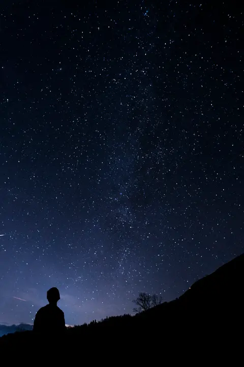 A person in silhouette looks up at a starry night sky.