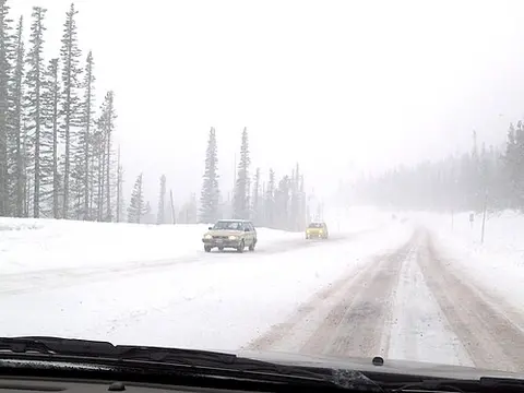 Cars driving on a snow-covered mountain road surrounded by trees.
