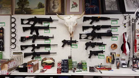 A display of firearms and accessories on a pegboard wall inside a store.