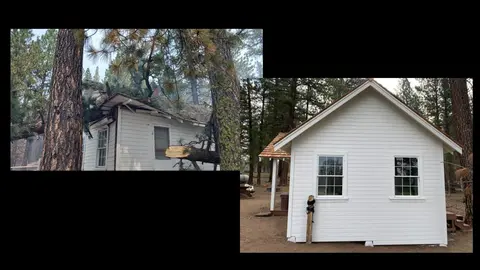 Two photos showing a white building before and after repairs.