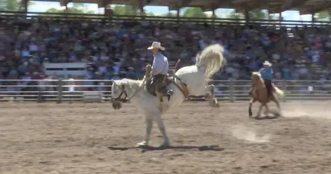 A cowboy rides a bucking horse in an arena with spectators.
