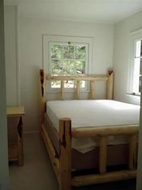 A bedroom interior with a rustic log bed and white walls.