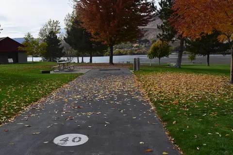 A paved path with autumn leaves leads toward a river in a park.
