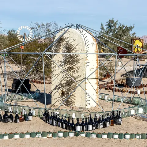 Reclaimed-material art installation at East Jesus.