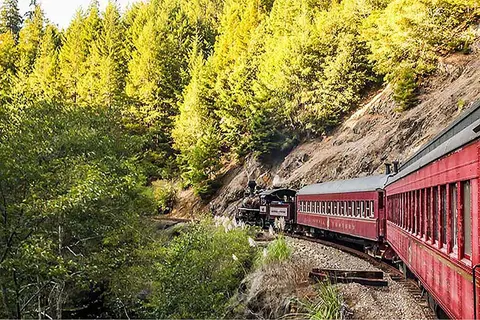 A red passenger train travels along a mountain railway surrounded by dense forests.