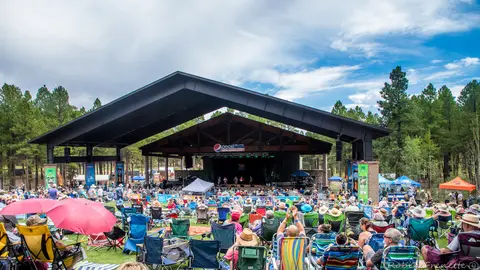 An outdoor amphitheater concert venue filled with a large crowd in lawn chairs.