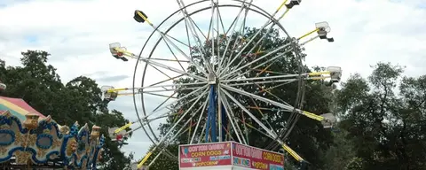 A ferris wheel and carousel at a fairgrounds.
