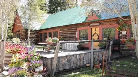 A rustic log cabin with a green metal roof and a wooden deck surrounded by flowers.