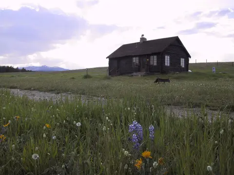 A dark wooden cabin sits in a grassy field under a cloudy sky.