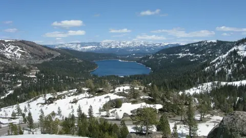 A scenic view of a mountain lake surrounded by snowy terrain and forests under a blue sky.