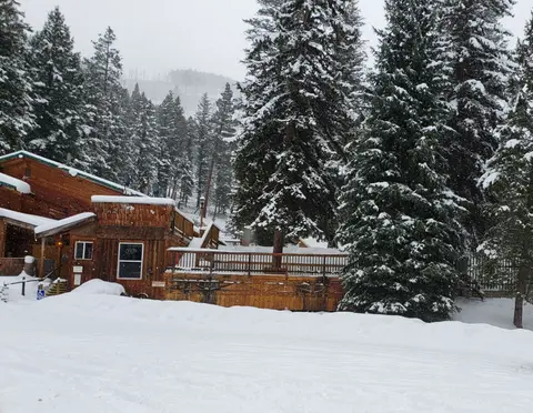 A wooden building is nestled among snow-covered evergreen trees during a snowfall.
