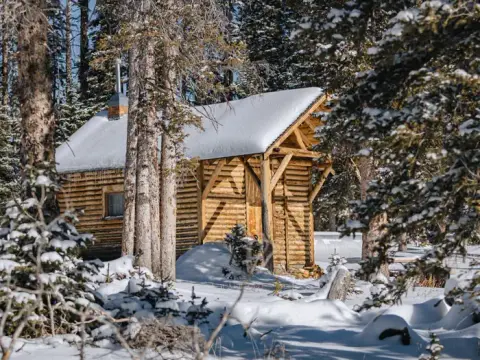 A log cabin surrounded by snow and trees.