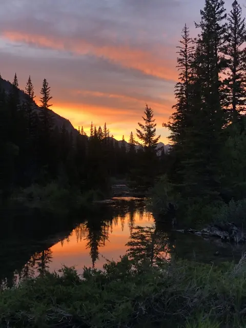 A vibrant sunset reflects on a calm river surrounded by pine trees and mountains.