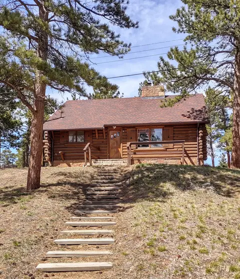 A log cabin nestled among pine trees with wooden steps leading up to it.