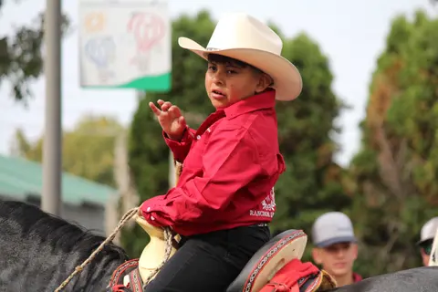 A young boy in a cowboy hat and red shirt rides a horse.