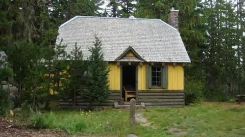 A small cabin stands surrounded by trees and grass.