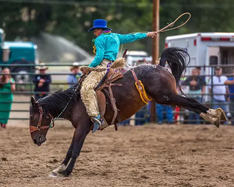 A rider on a bucking horse in an arena.