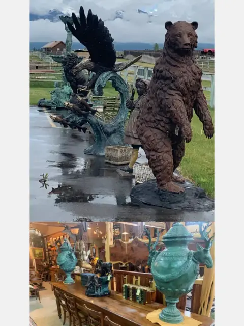 A composite image showing large animal statues outdoors and antiques inside a shop.