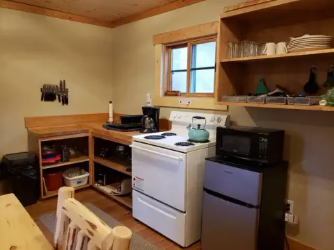 A rustic kitchen interior featuring a stove, microwave, refrigerator, and wooden cabinetry.