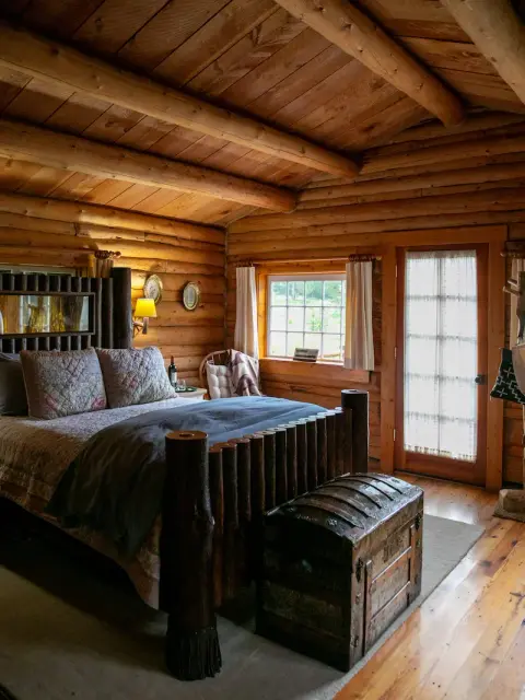 A rustic log cabin bedroom interior with a wooden bed and chest.
