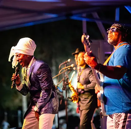 A band performs on a stage at night.