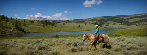 A person rides a horse through a grassy landscape near a body of water with mountains in the background.