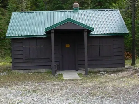 A dark wooden cabin with a green metal roof sits in a wooded area.