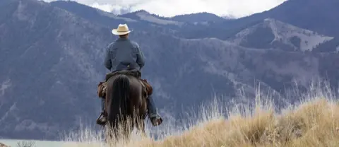 A person on horseback looks out toward distant mountains.