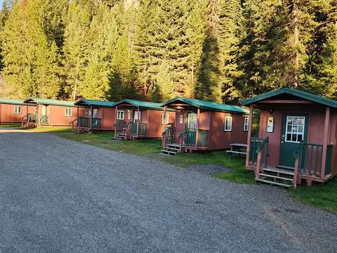 A row of small cabins stands next to a gravel parking area backed by a dense pine forest.