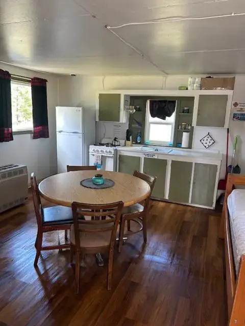 A rustic kitchen interior with a wooden dining table and green cabinets.