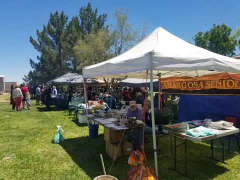 An outdoor market or fair with vendor tents set up on a grassy lawn.