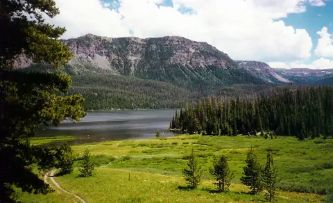 A scenic mountain lake surrounded by forests and meadows.