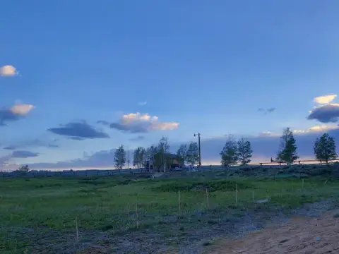 A landscape view showing a grassy field and trees under a blue sky with clouds.
