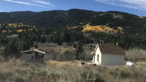A small house and an outhouse stand in a grassy field before a forested mountain.