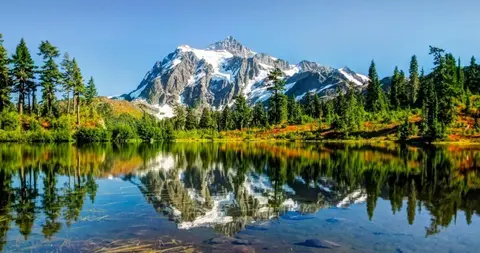 A scenic view of a snow-capped mountain and trees reflected in a calm lake.