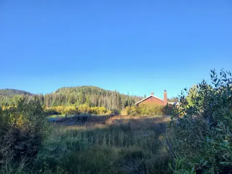 A cabin nestled near a forest and mountains under a clear blue sky.