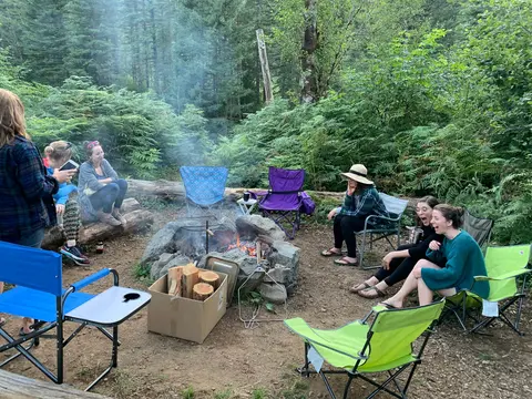 A group of people sitting around a campfire in a forest.
