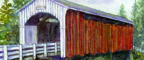 A painting of a red and white covered bridge.