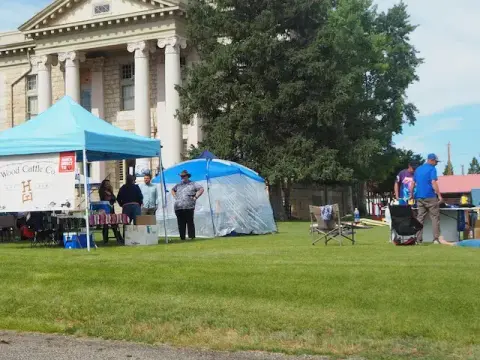 People stand near vendor tents set up on a lawn in front of a classical building.