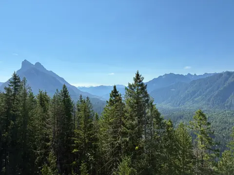 A scenic view of a forested mountain range under a clear blue sky.