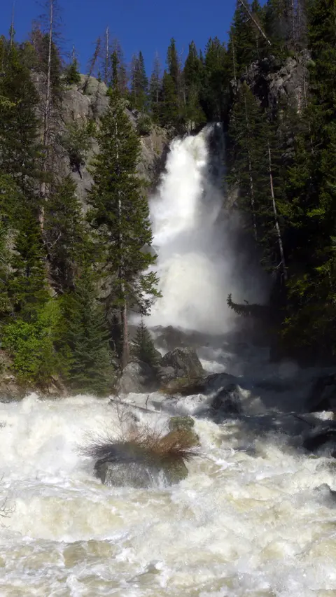 A roaring waterfall cascades down a rocky, forested mountain.