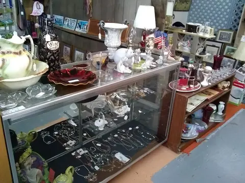 The interior of an antique shop displaying various items on shelves and inside a glass display case.