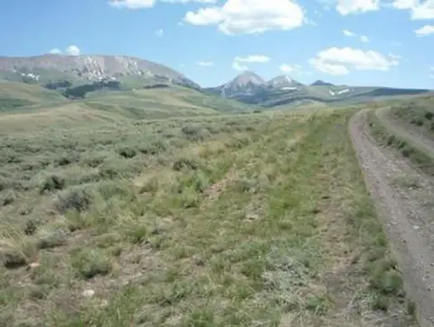 A dirt road winds through a grassy landscape with mountains in the distance.