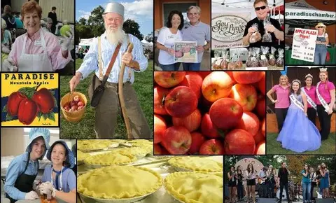 A collage of various photos showing people, apples, and baked goods.